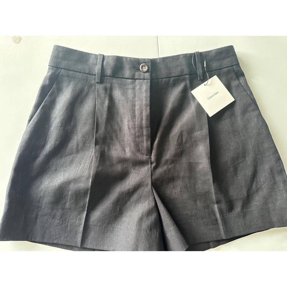 Calvin Klein Black Linen Blend Pleated High Waist Shorts 44C686G 001 Size 10